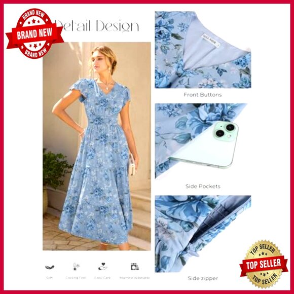 Floral Maxi Dress Short Sleeve Semi Formal Wedding Guest Elegant Flowy - Picture 3 of 7